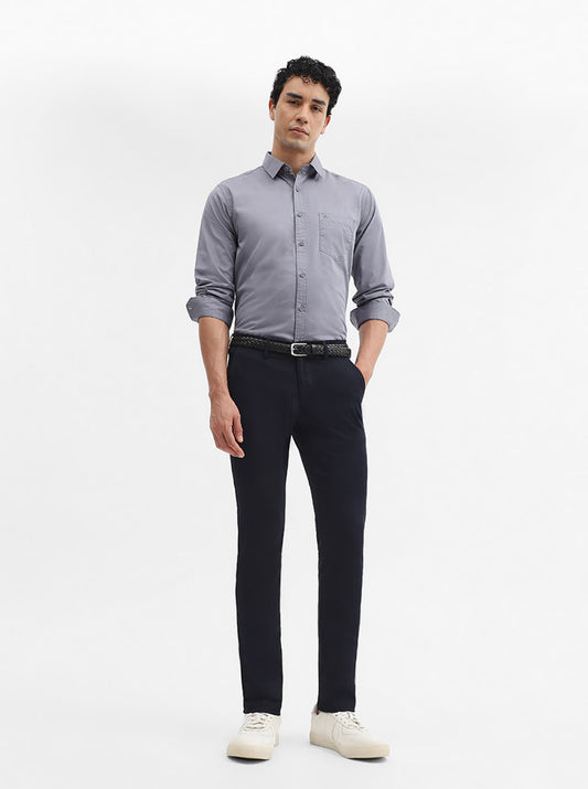 Navy Blue Solid Super Slim Fit Casual Trouser | Greenfibre
