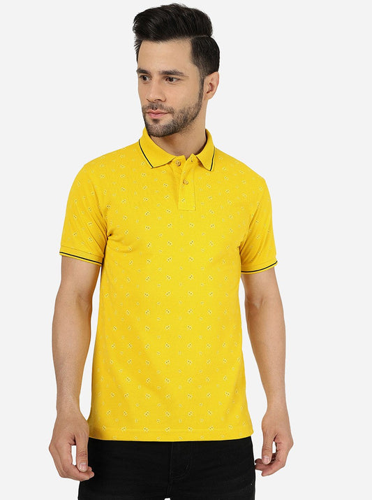 Yellow Printed Slim Fit Polo T-Shirt | Greenfibre