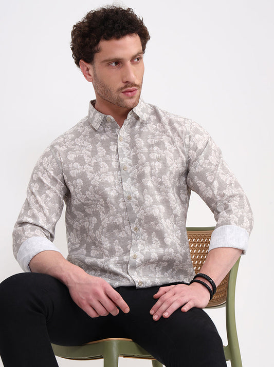 Beige & Green Printed Slim Fit Casual Shirt | Greenfibre