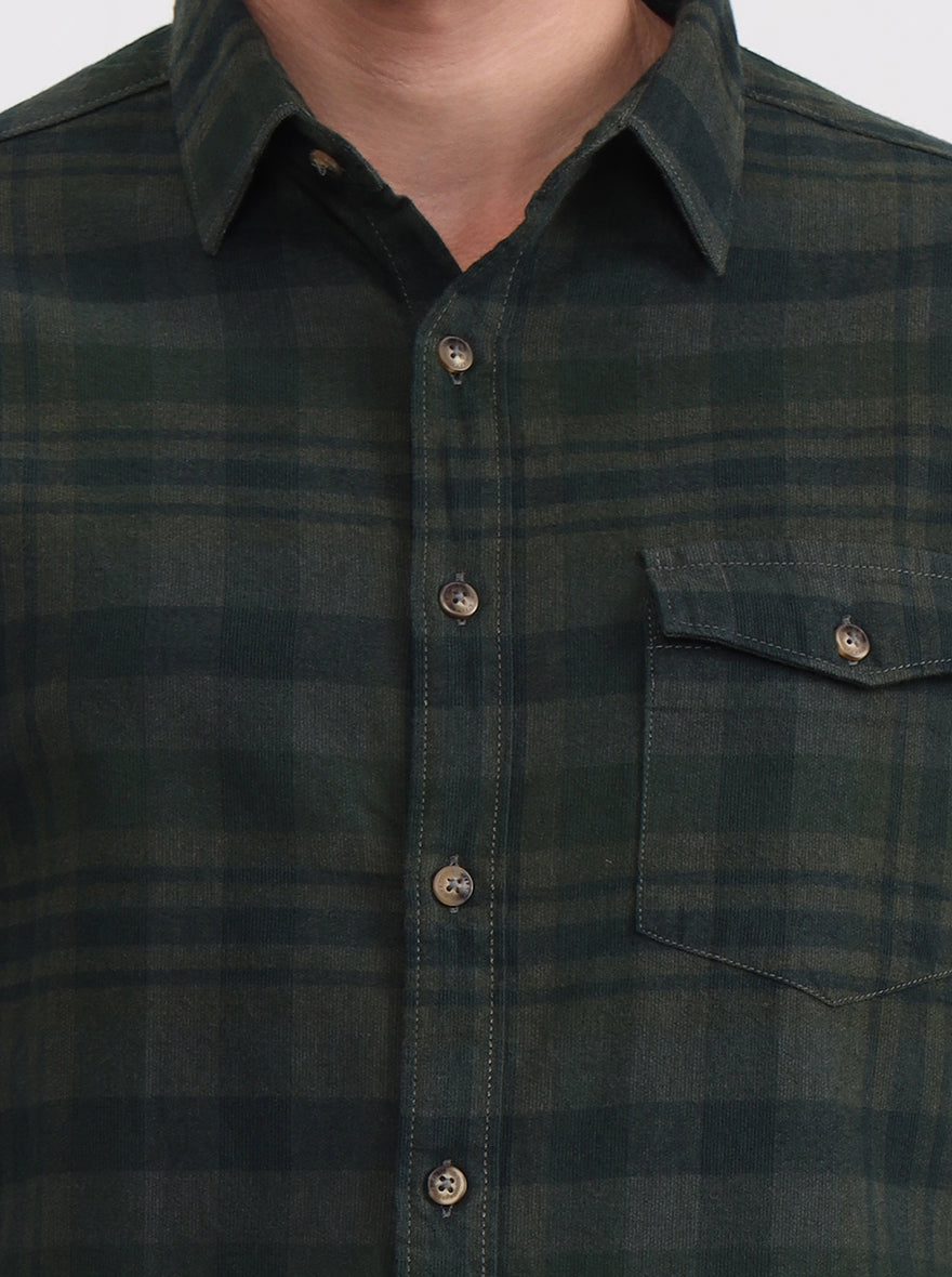Dark Green Checked Slim Fit Casual Shirt | Greenfibre