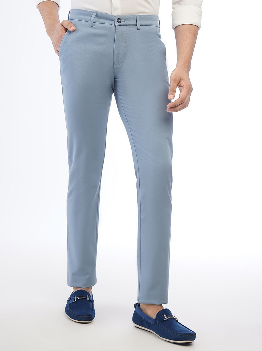 Light Blue Solid Super Slim Fit Casual Trouser | Greenfibre