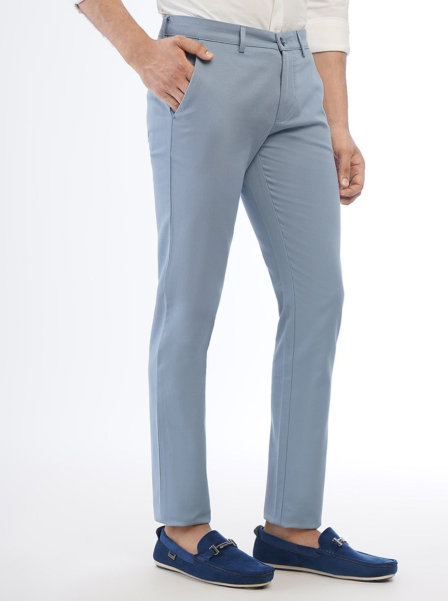 Light Blue Solid Super Slim Fit Casual Trouser | Greenfibre