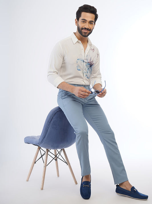 Light Blue Solid Super Slim Fit Casual Trouser | Greenfibre