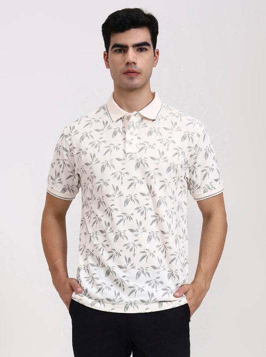 Cream Printed Slim Fit Polo T-Shirt | Greenfibre