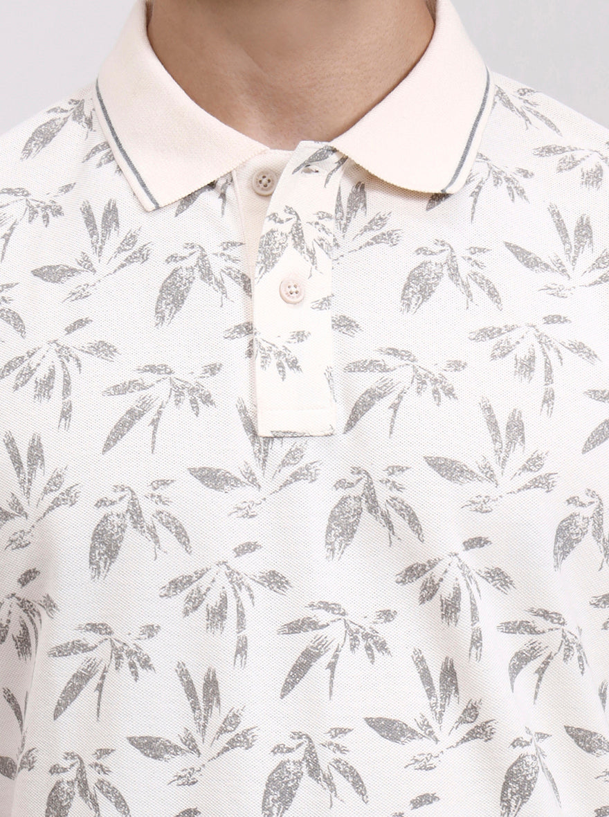 Cream Printed Slim Fit Polo T-Shirt | Greenfibre