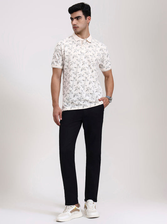 Cream Printed Slim Fit Polo T-Shirt | Greenfibre