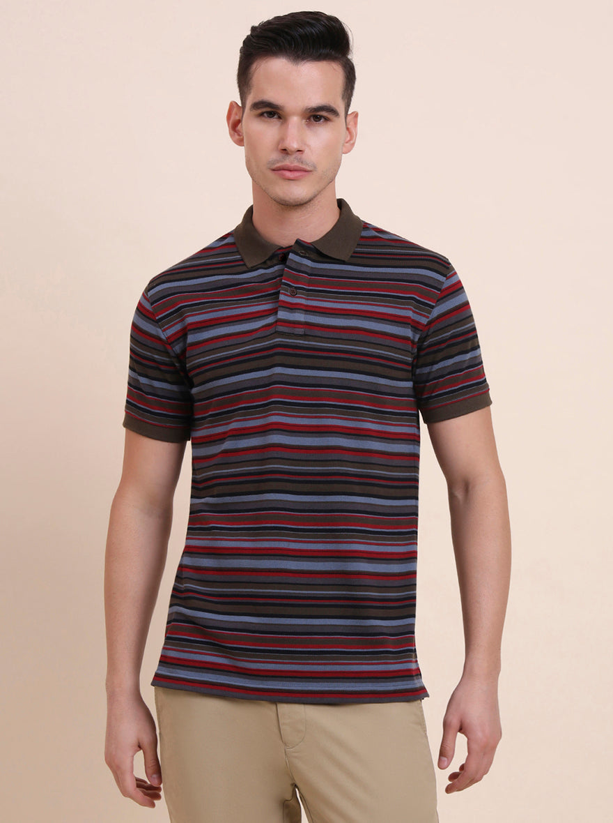Multicolor Striped Slim Fit Polo T-Shirt | Greenfibre