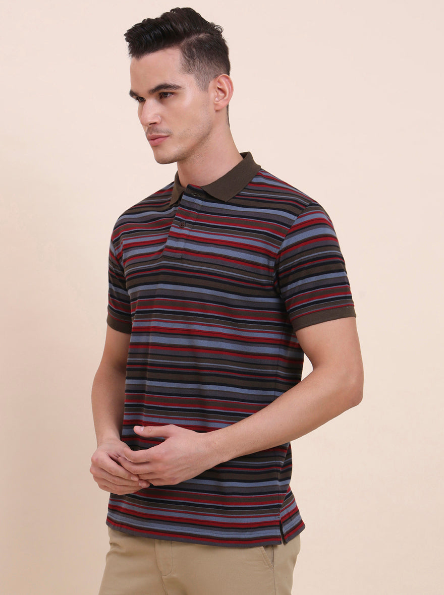 Multicolor Striped Slim Fit Polo T-Shirt | Greenfibre