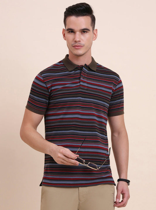 Multicolor Striped Slim Fit Polo T-Shirt | Greenfibre