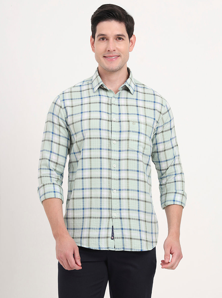 Light Green Checked Slim Fit Casual Shirt | Greenfibre