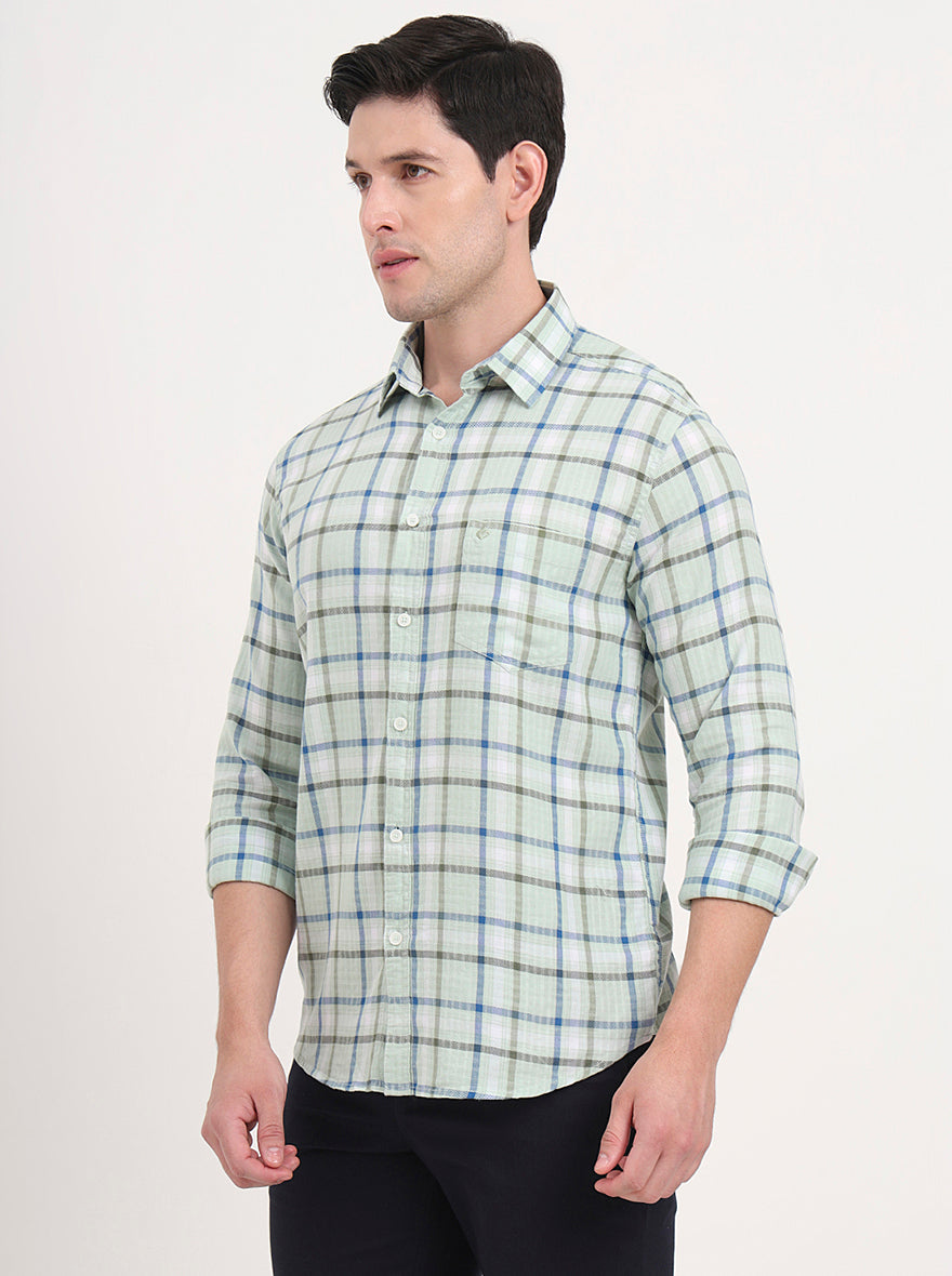 Light Green Checked Slim Fit Casual Shirt | Greenfibre