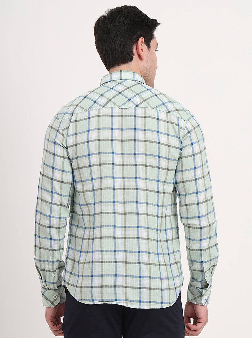 Light Green Checked Slim Fit Casual Shirt | Greenfibre