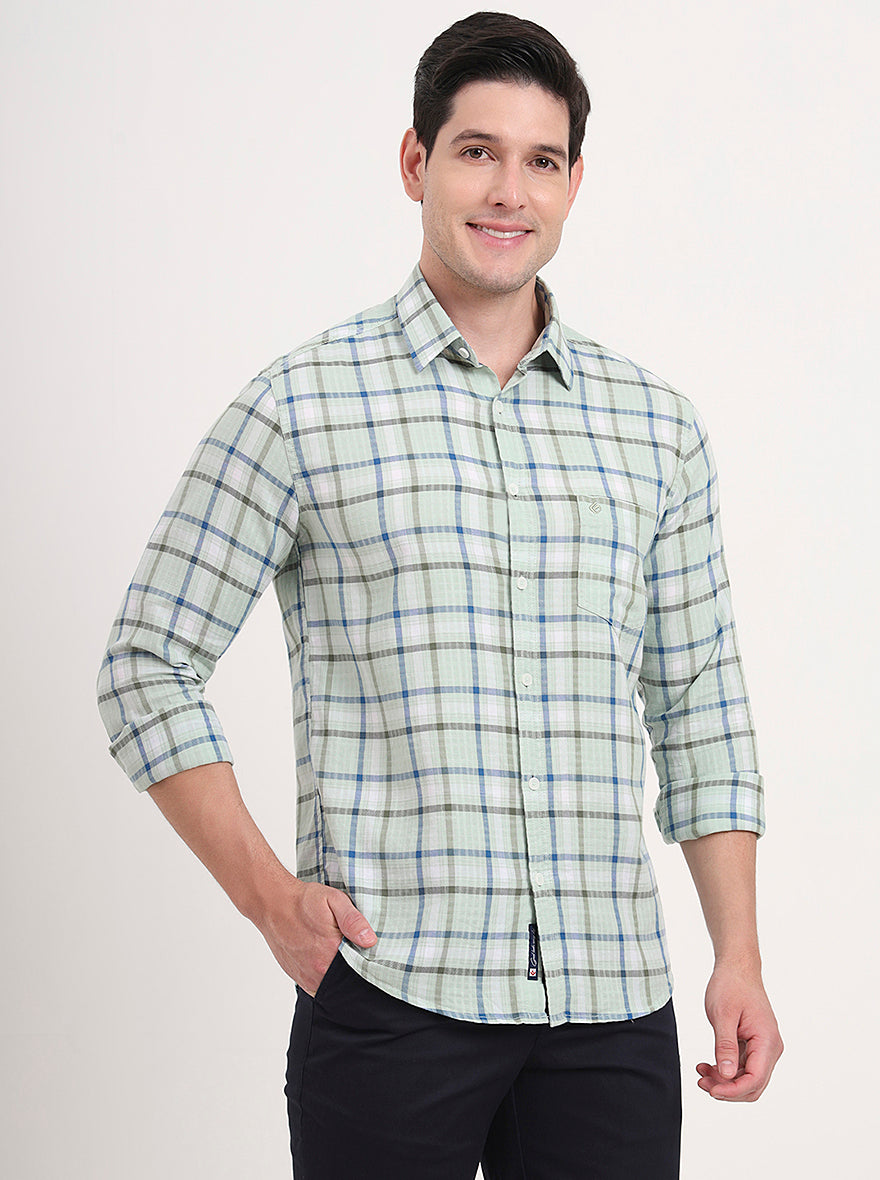 Light Green Checked Slim Fit Casual Shirt | Greenfibre