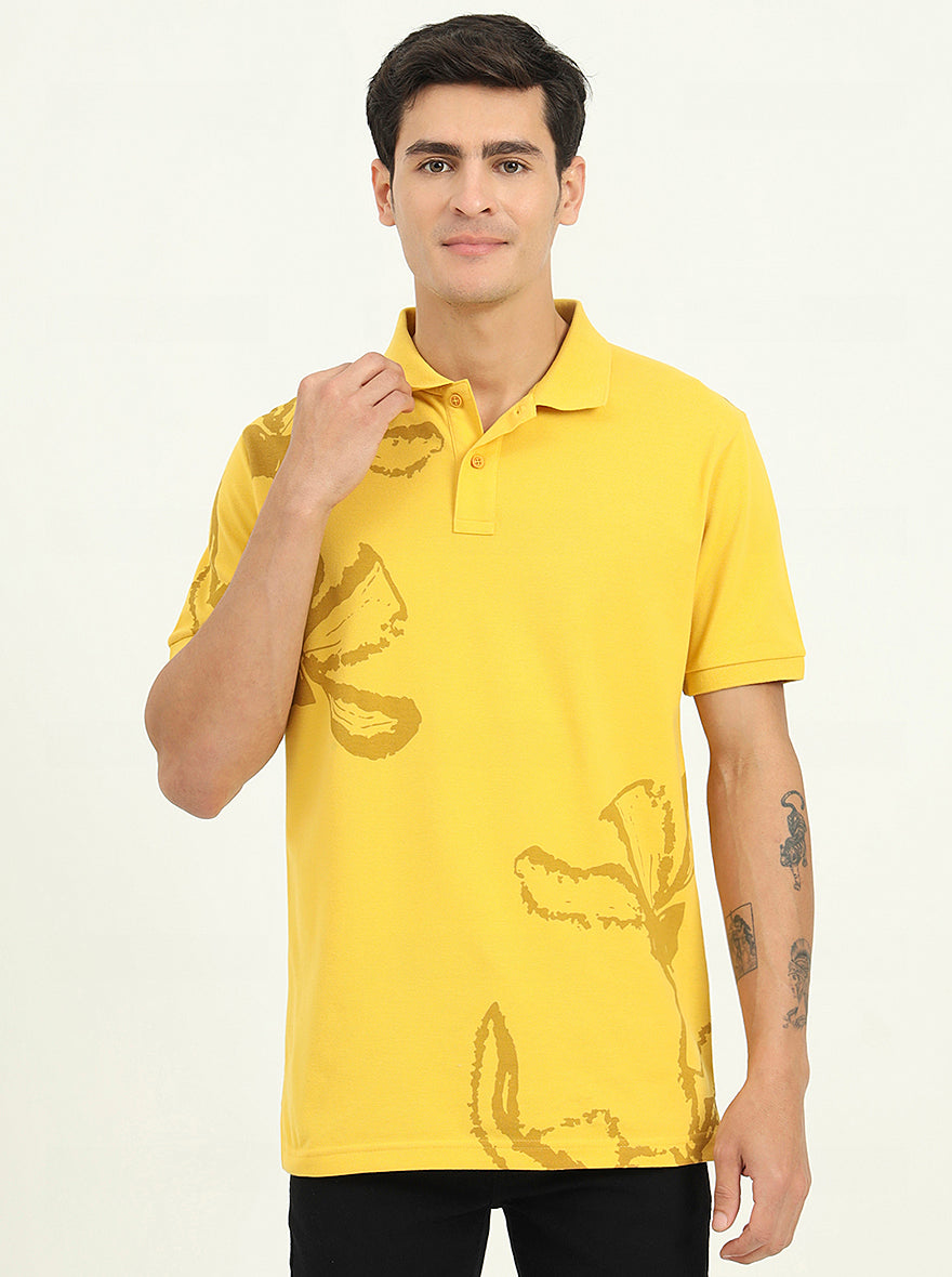 Yellow Printed Slim Fit Polo T-Shirt | Greenfibre