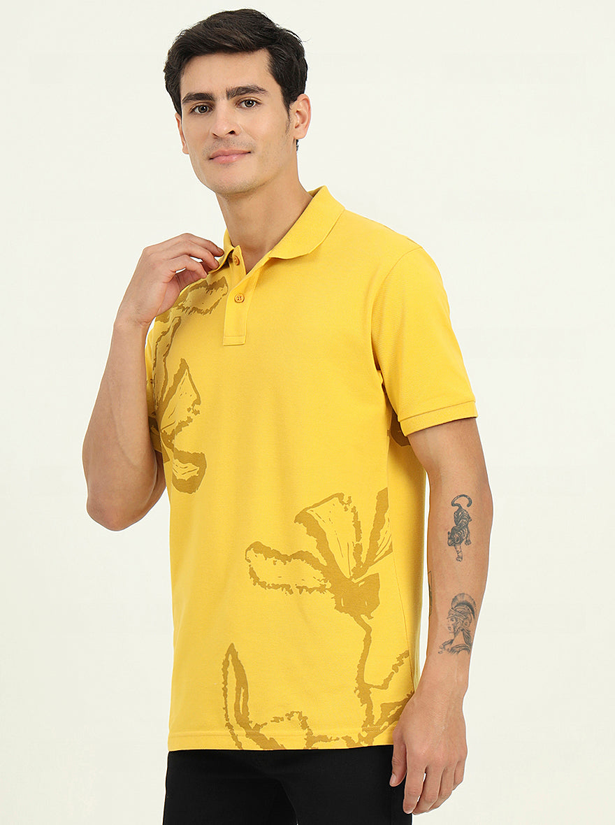 Yellow Printed Slim Fit Polo T-Shirt | Greenfibre