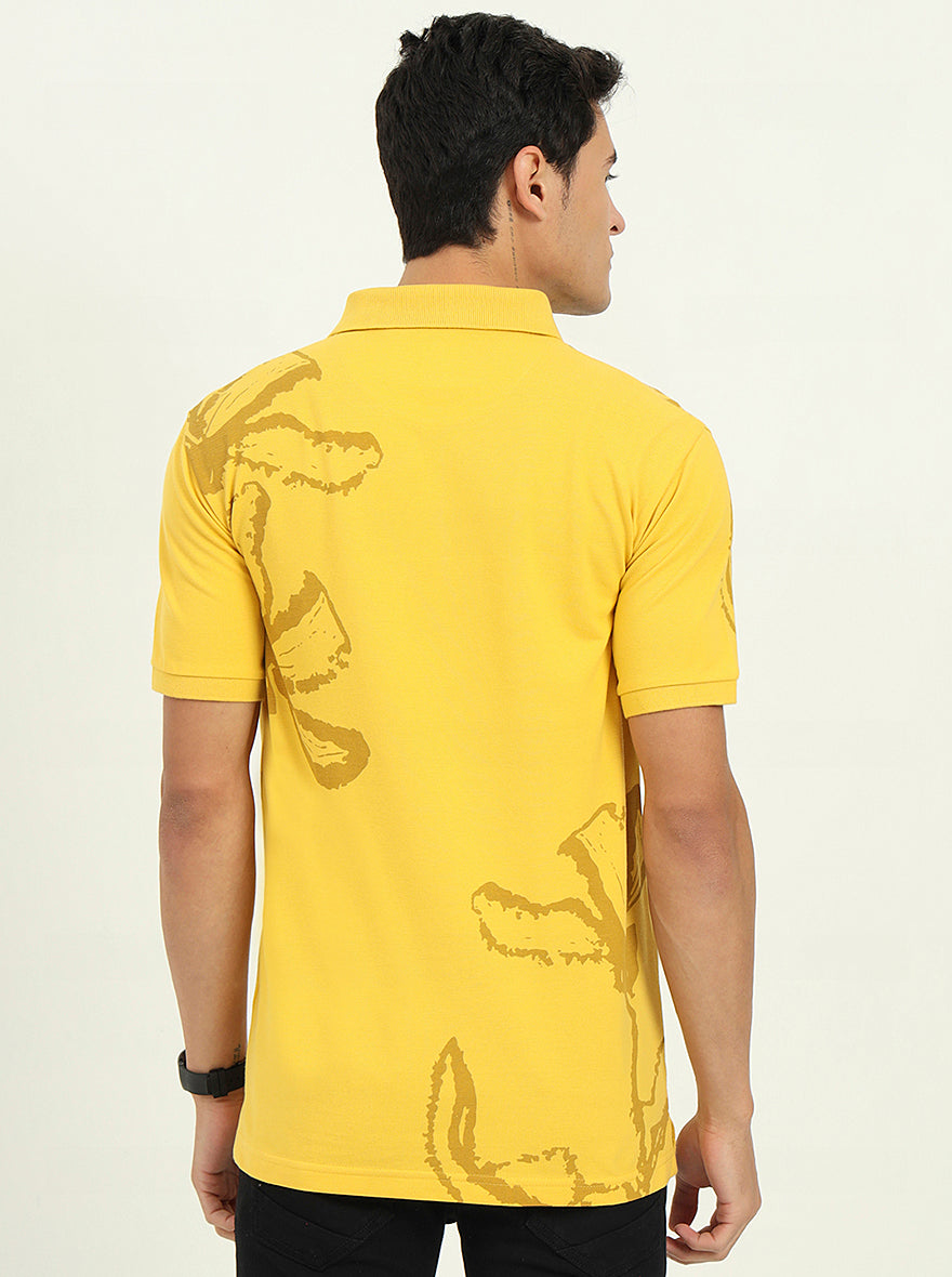 Yellow Printed Slim Fit Polo T-Shirt | Greenfibre