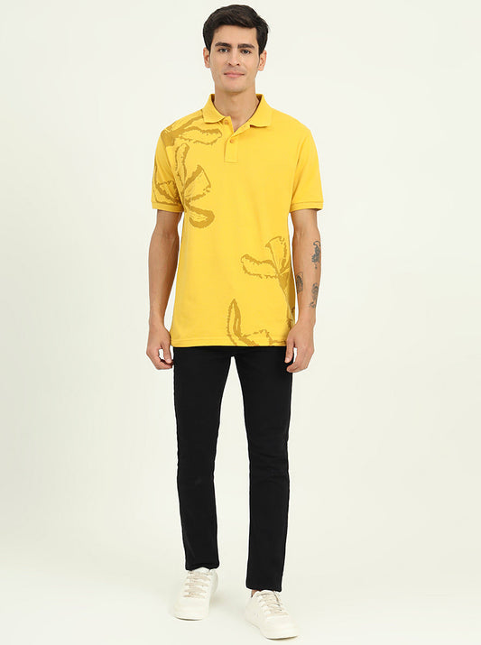 Yellow Printed Slim Fit Polo T-Shirt | Greenfibre