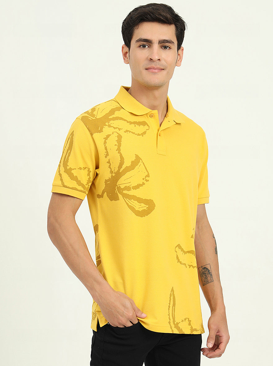 Yellow Printed Slim Fit Polo T-Shirt | Greenfibre