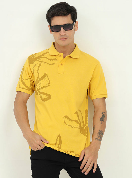 Yellow Printed Slim Fit Polo T-Shirt | Greenfibre