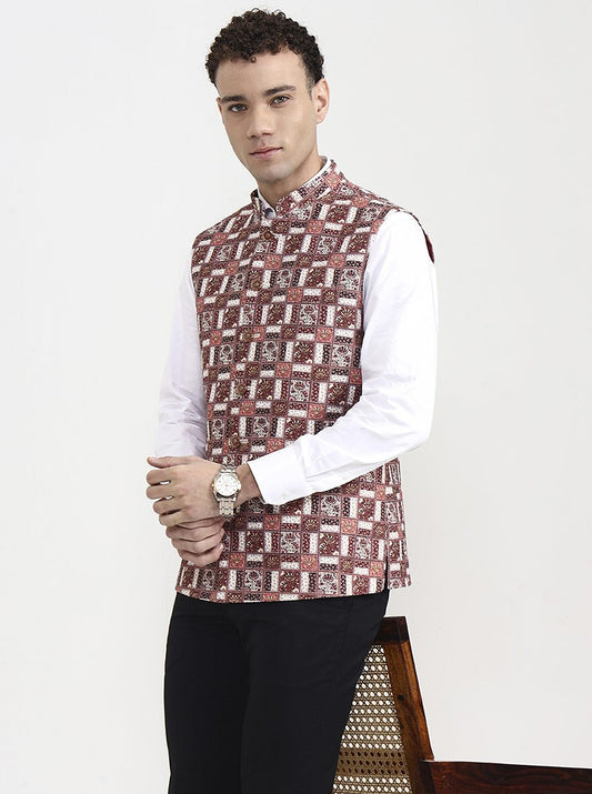 Maroon & White Printed Waistcoat | Greenfibre