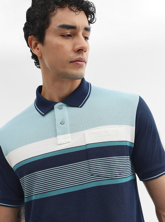 Mint & Navy Blue Striped Slim Fit Polo T-Shirt | Greenfibre