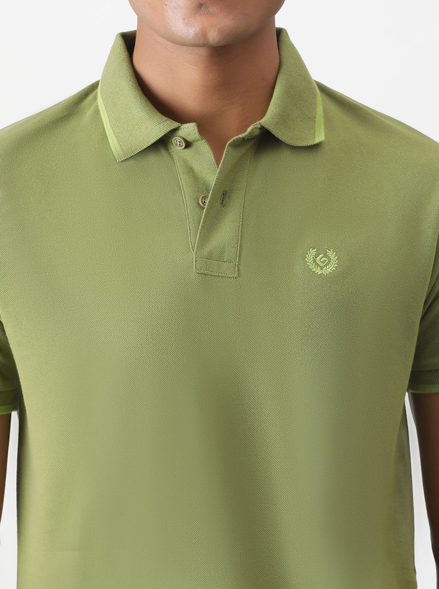 Olive Green Solid Slim Fit Polo T-Shirt | Greenfibre