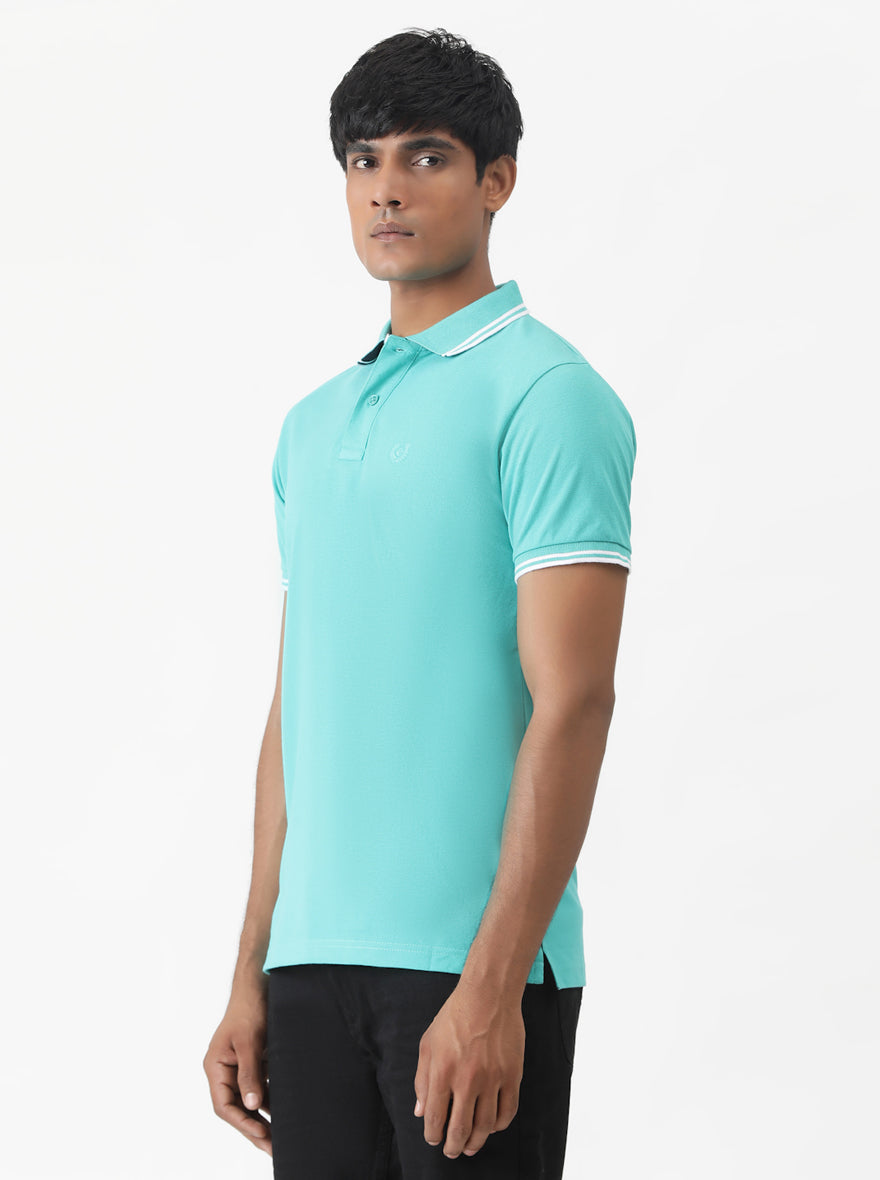 Turquoise Blue Solid Slim Fit Polo T-Shirt | Greenfibre
