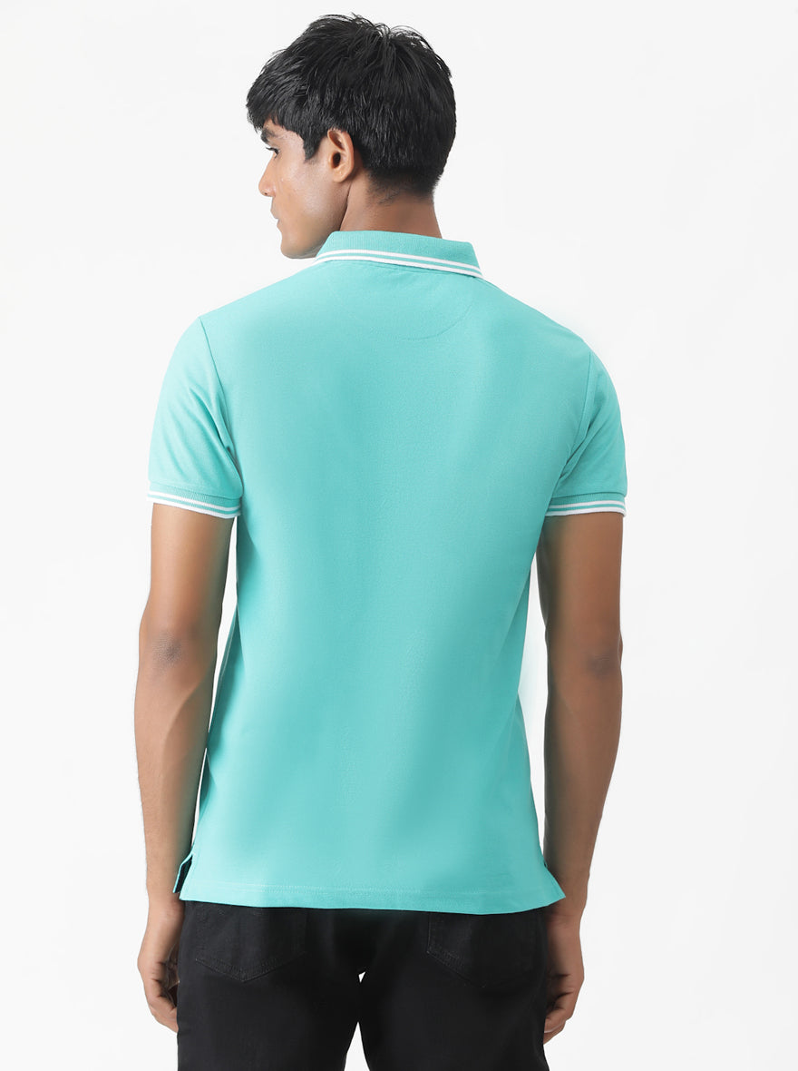 Turquoise Blue Solid Slim Fit Polo T-Shirt | Greenfibre