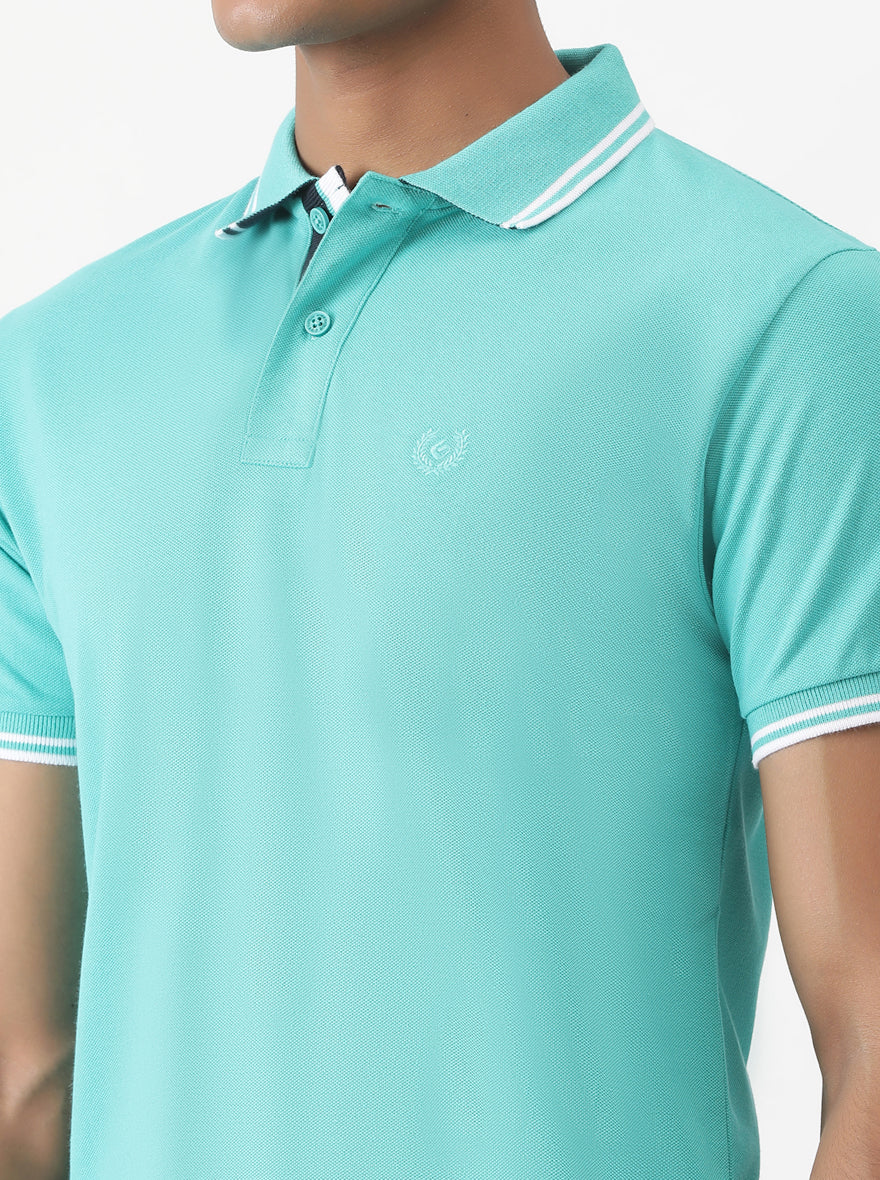 Turquoise Blue Solid Slim Fit Polo T-Shirt | Greenfibre
