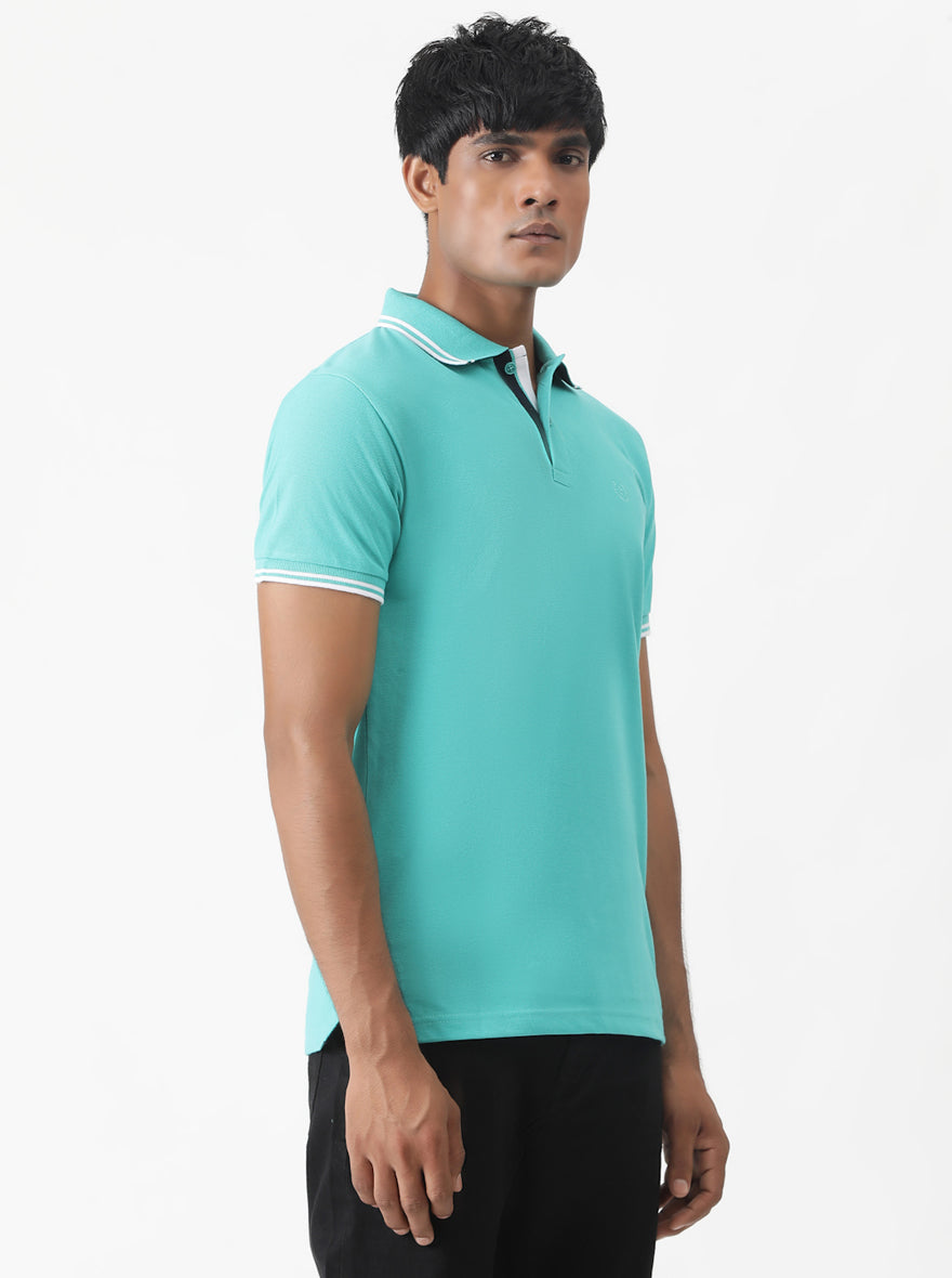 Turquoise Blue Solid Slim Fit Polo T-Shirt | Greenfibre