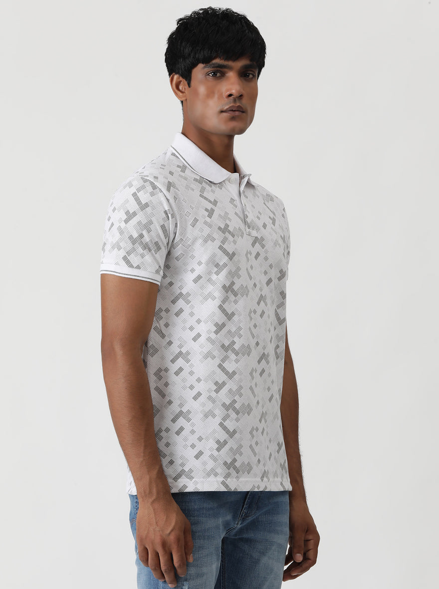 White Printed Slim Fit Polo T-Shirt | Greenfibre