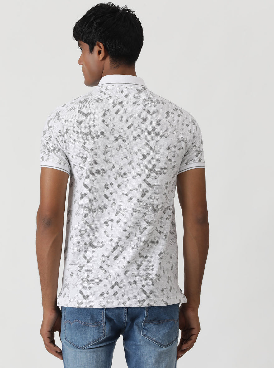 White Printed Slim Fit Polo T-Shirt | Greenfibre