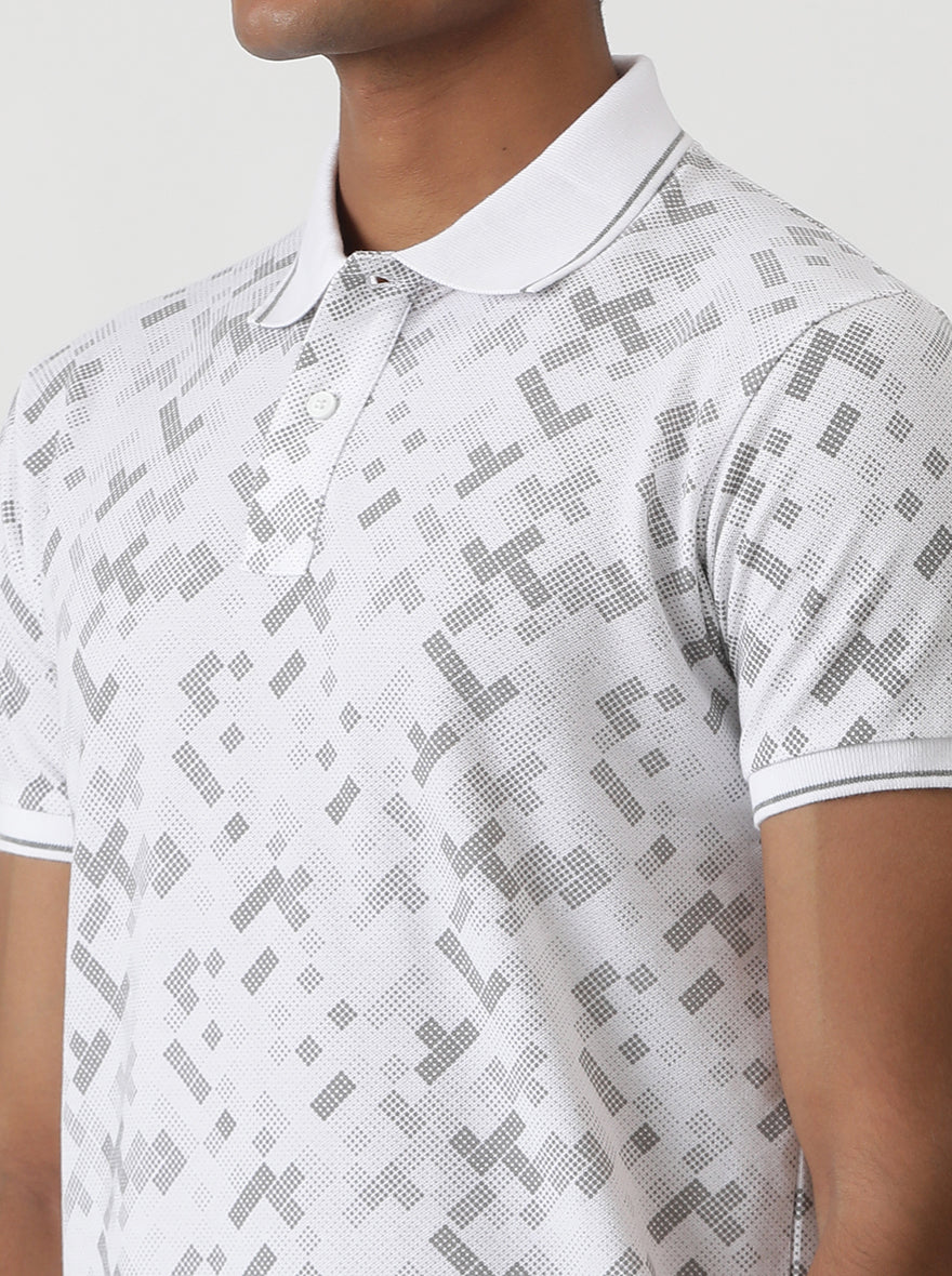 White Printed Slim Fit Polo T-Shirt | Greenfibre