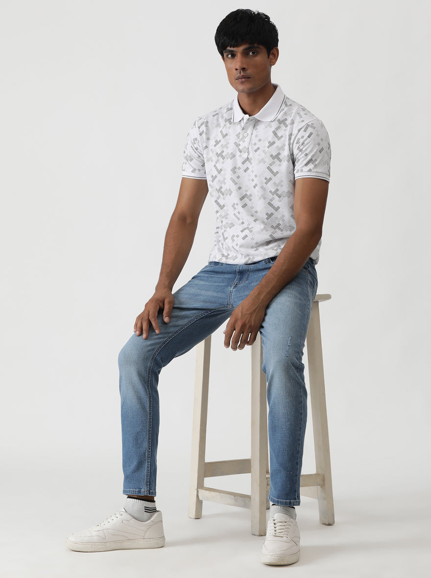 White Printed Slim Fit Polo T-Shirt | Greenfibre