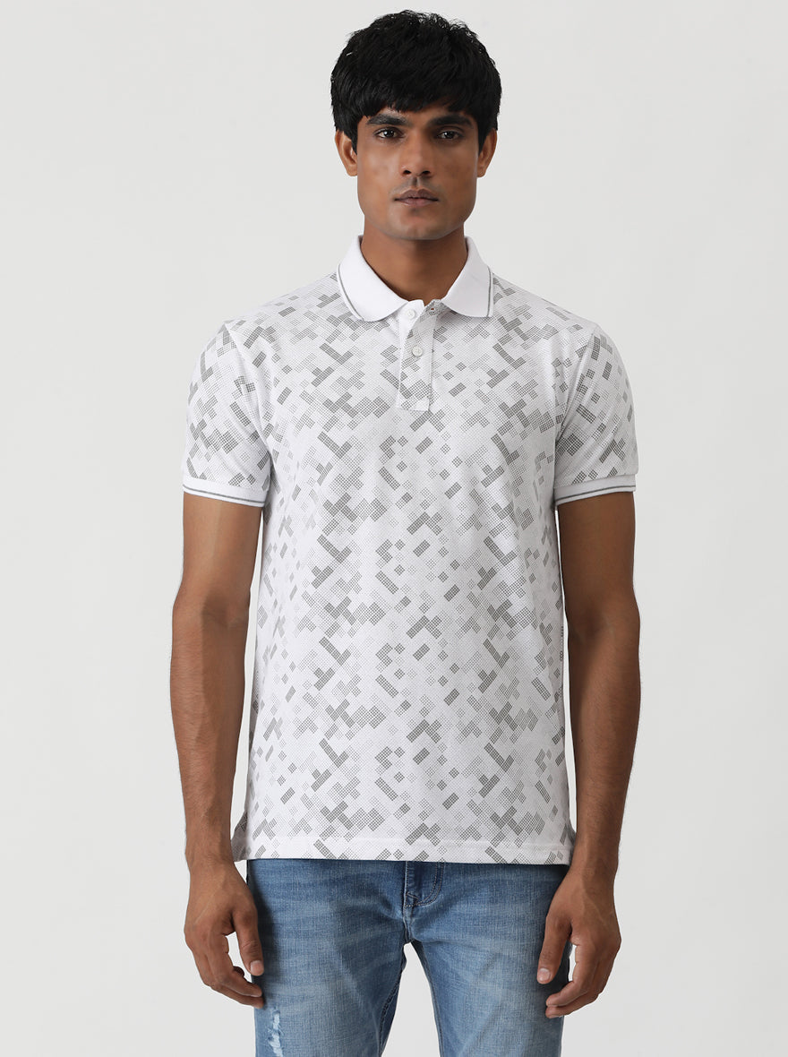 White Printed Slim Fit Polo T-Shirt | Greenfibre