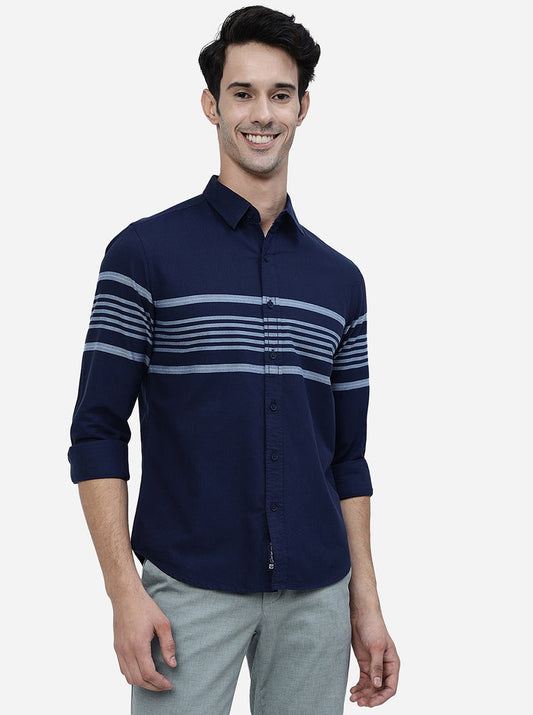 Navy Blue Striped Slim Fit Casual Shirt | Greenfibre