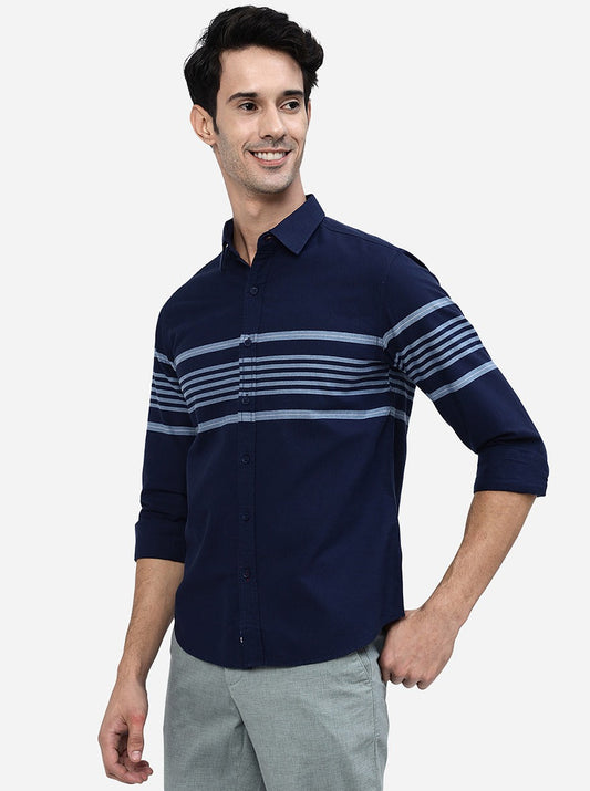 Navy Blue Striped Slim Fit Casual Shirt | Greenfibre