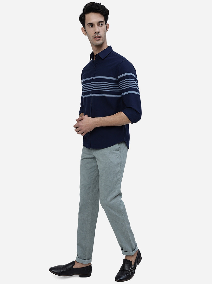 Navy Blue Striped Slim Fit Casual Shirt | Greenfibre