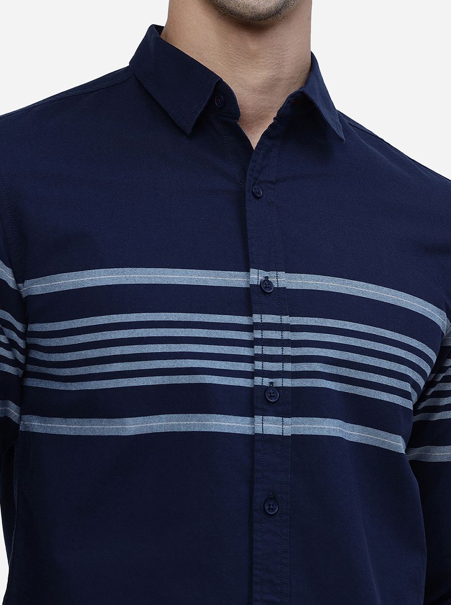 Navy Blue Striped Slim Fit Casual Shirt | Greenfibre