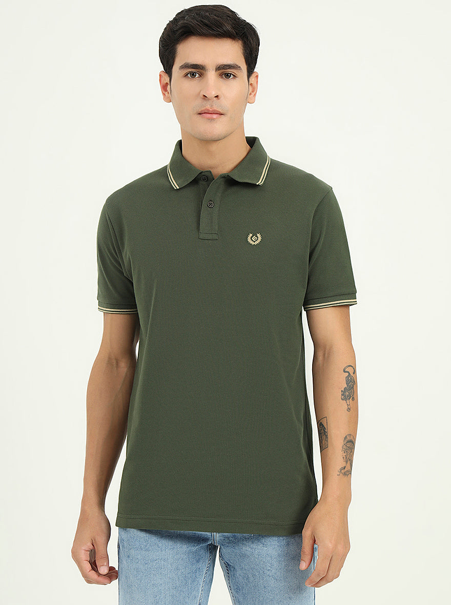 Olive Green Solid Slim Fit Polo T-Shirt | Greenfibre