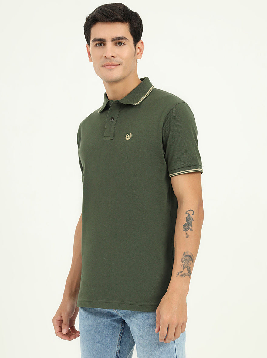 Olive Green Solid Slim Fit Polo T-Shirt | Greenfibre