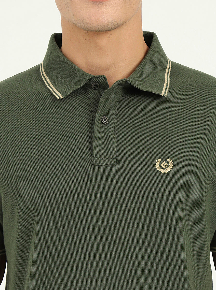 Olive Green Solid Slim Fit Polo T-Shirt | Greenfibre