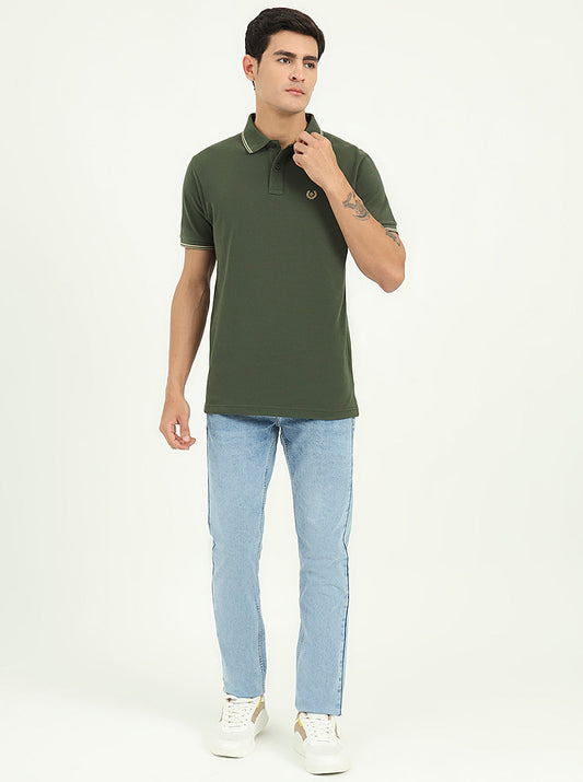 Olive Green Solid Slim Fit Polo T-Shirt | Greenfibre