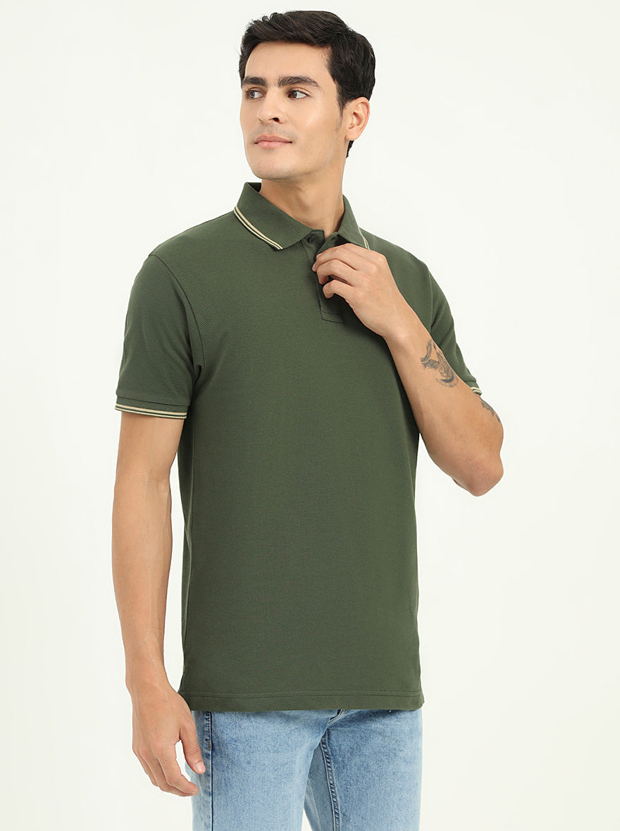 Olive Green Solid Slim Fit Polo T-Shirt | Greenfibre