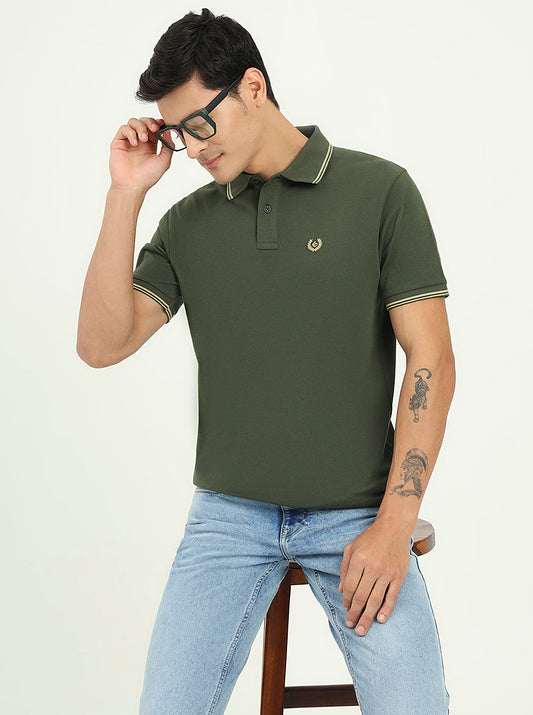 Olive Green Solid Slim Fit Polo T-Shirt | Greenfibre