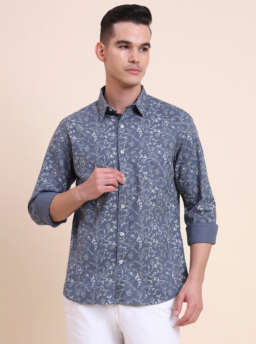 Blue Printed Slim Fit Casual Shirt | Greenfibre