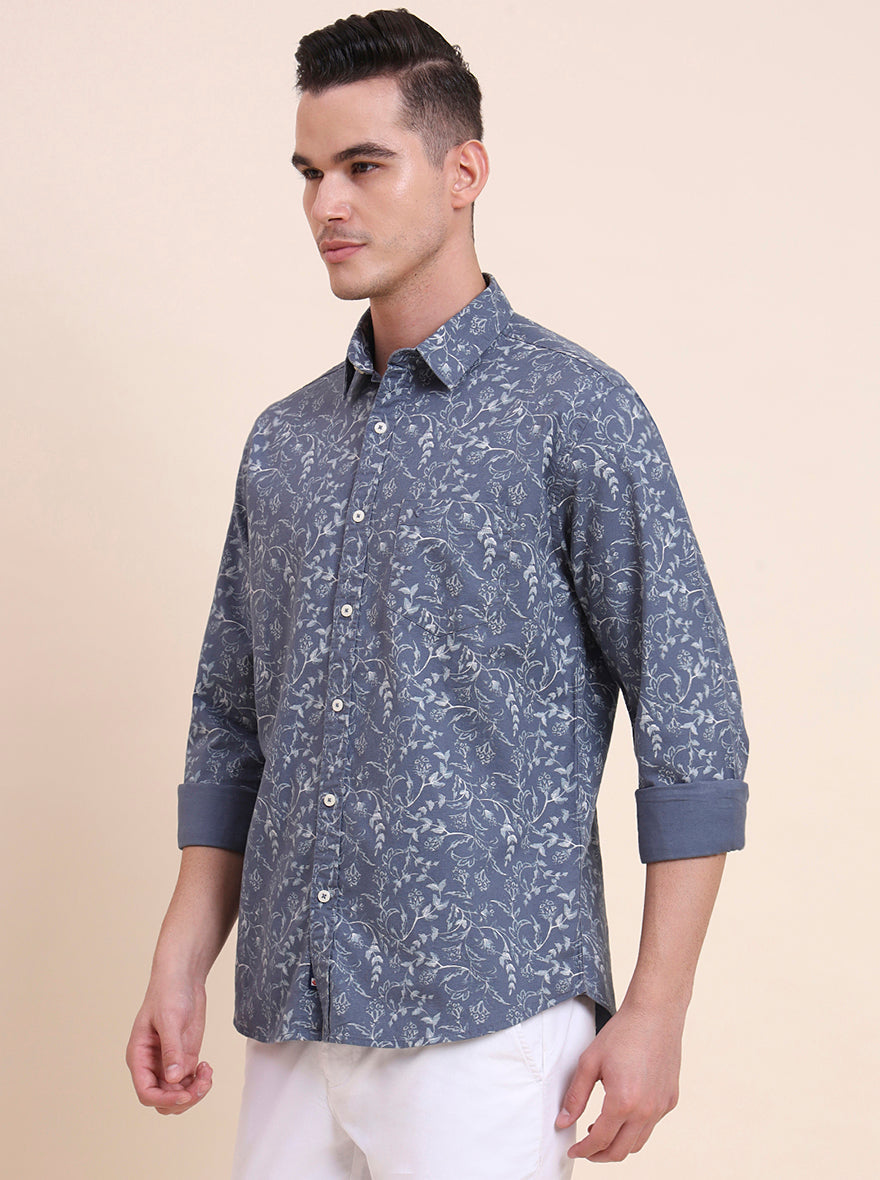 Blue Printed Slim Fit Casual Shirt | Greenfibre