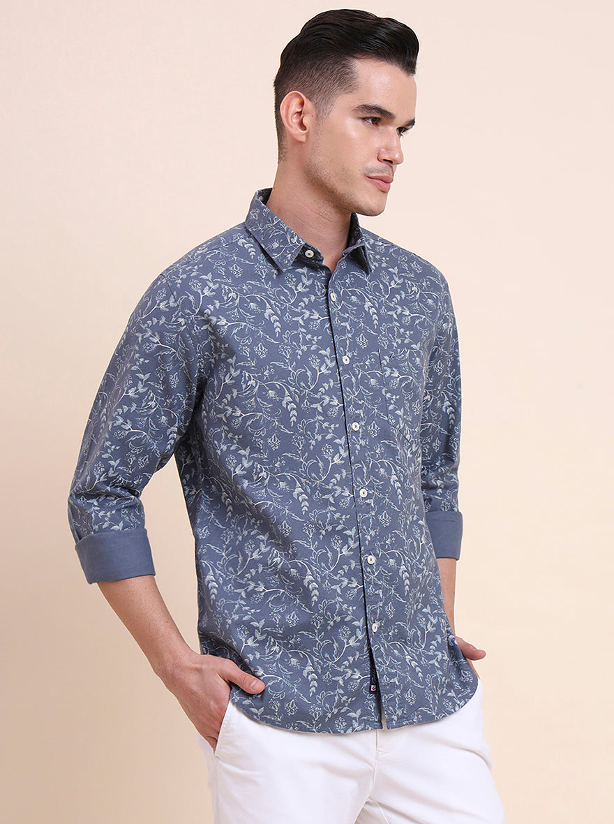 Blue Printed Slim Fit Casual Shirt | Greenfibre