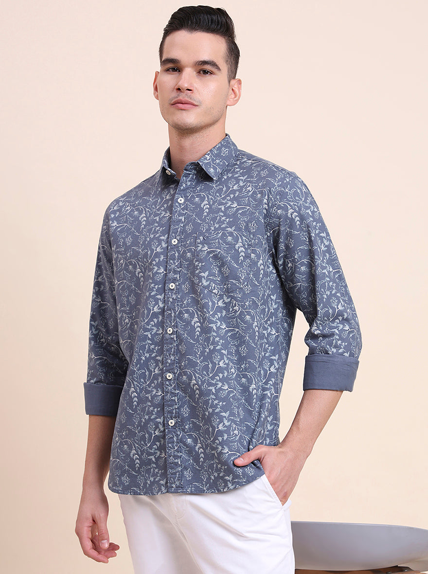 Blue Printed Slim Fit Casual Shirt | Greenfibre
