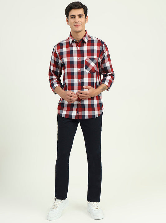 Red & White Checked Slim Fit Casual Shirt | Greenfibre